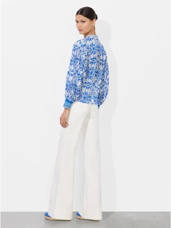 Alice + Olivia April Soiree True Blue Printed Cotton Blouse Large NWT $375 - Picture 3 of 12